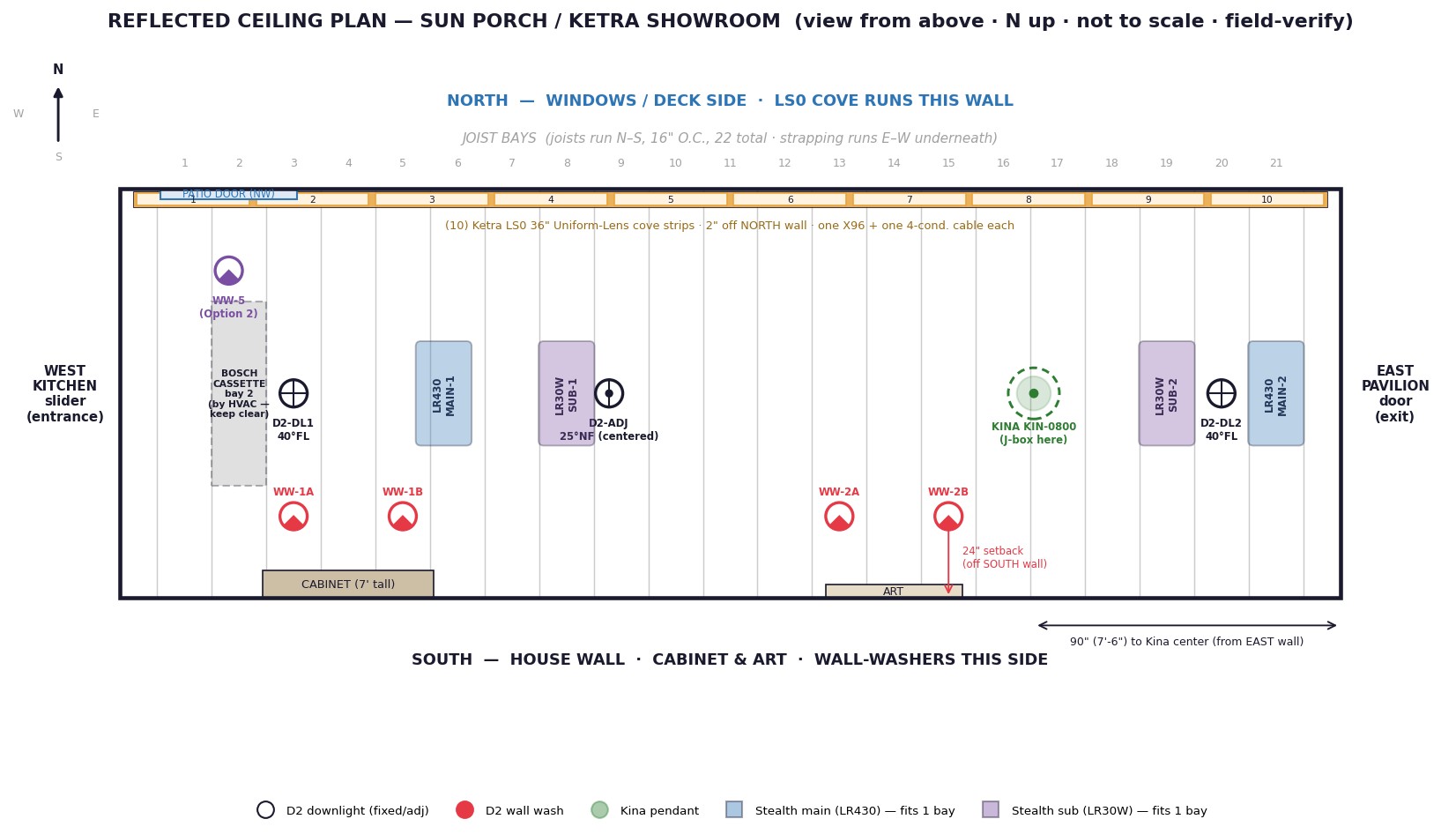 Reflected ceiling plan for the Sun Porch Ketra Showroom showing all fixture and speaker positions
